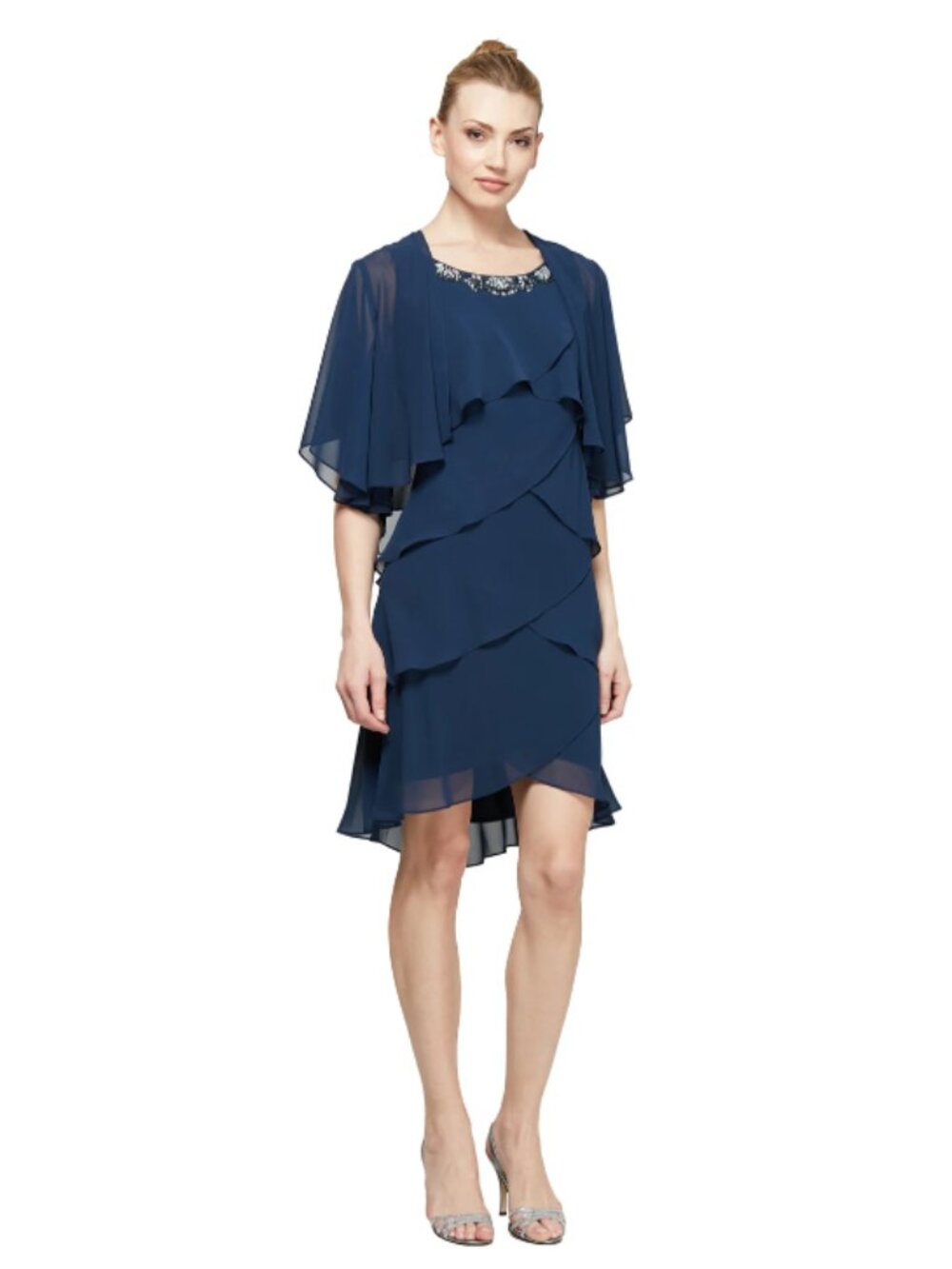 SLNY Navy Tiered Chiffon Evening Dress with Beaded Neckline and Jacket